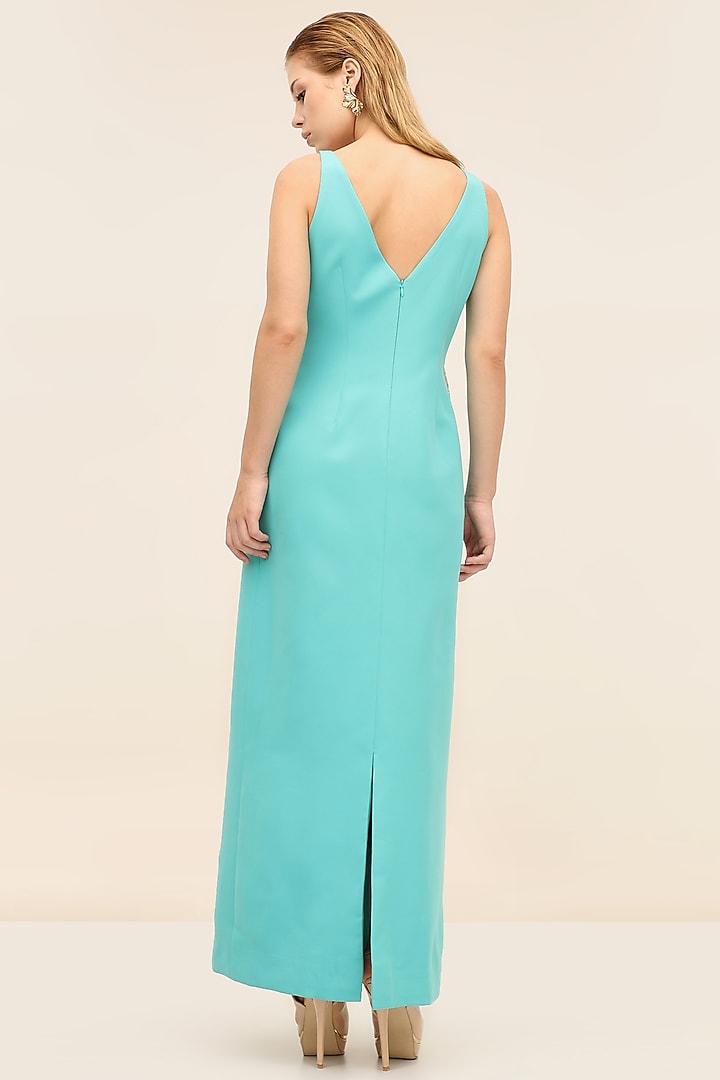 Turquoise Banana Crepe Hand-Embroidered Midi Vacation Dress by TANGERINE at Pernia's Pop Up Shop