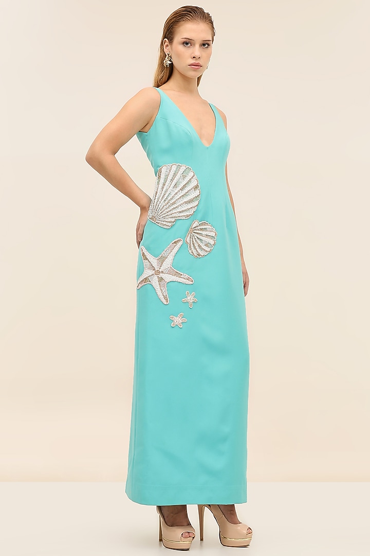 Turquoise Banana Crepe Hand-Embroidered Midi Vacation Dress by TANGERINE at Pernia's Pop Up Shop