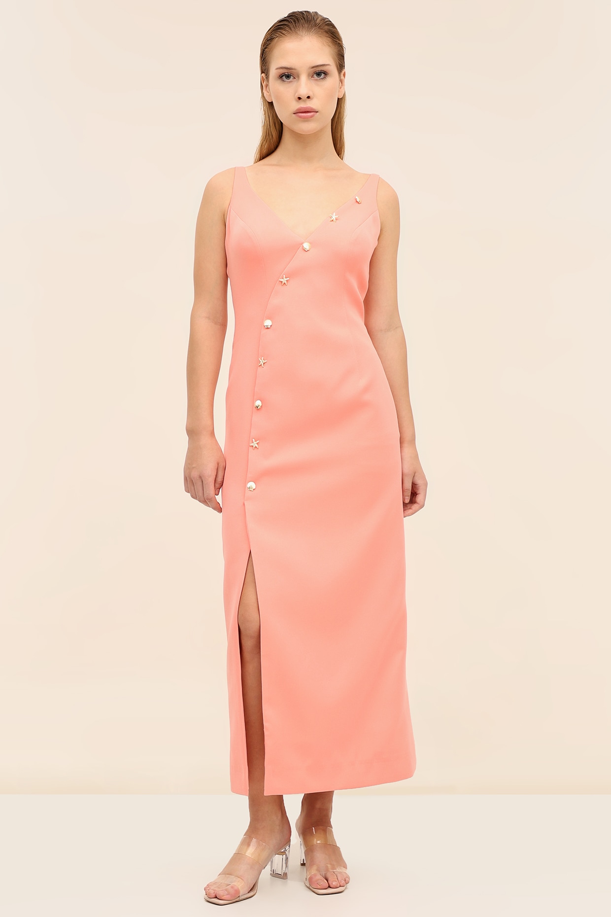 TANGERINE Coral Banana Crepe Embellished Midi Dress