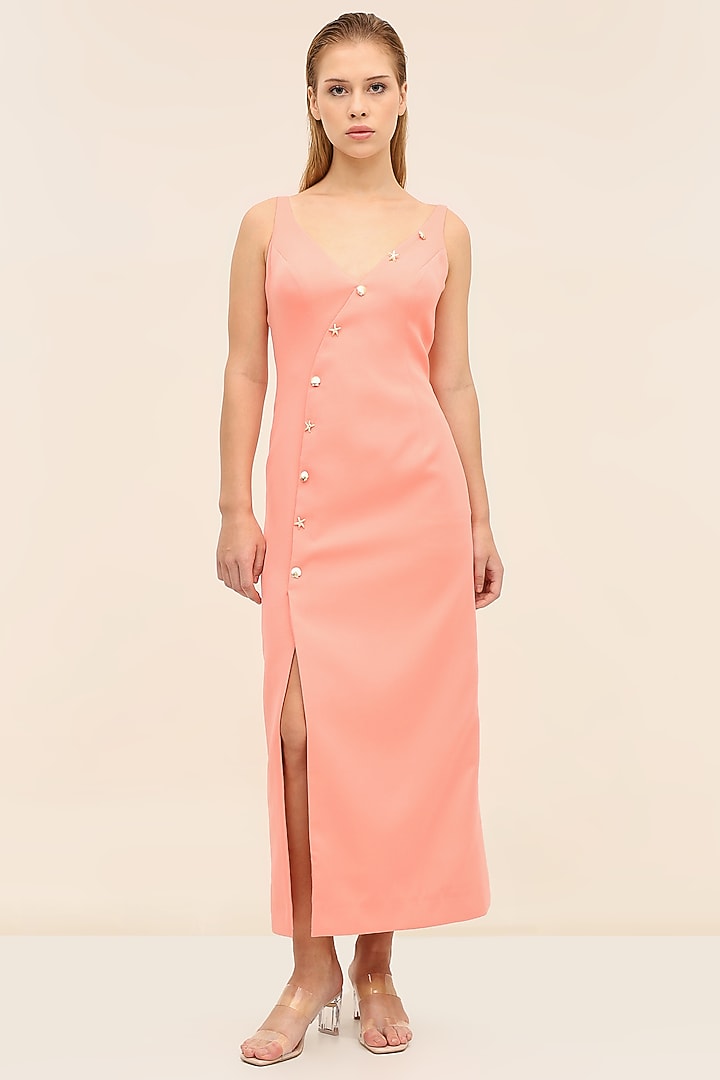 Coral Banana Crepe Embellished Midi Summer Dress by Taangerine Tiger at Pernia's Pop Up Shop