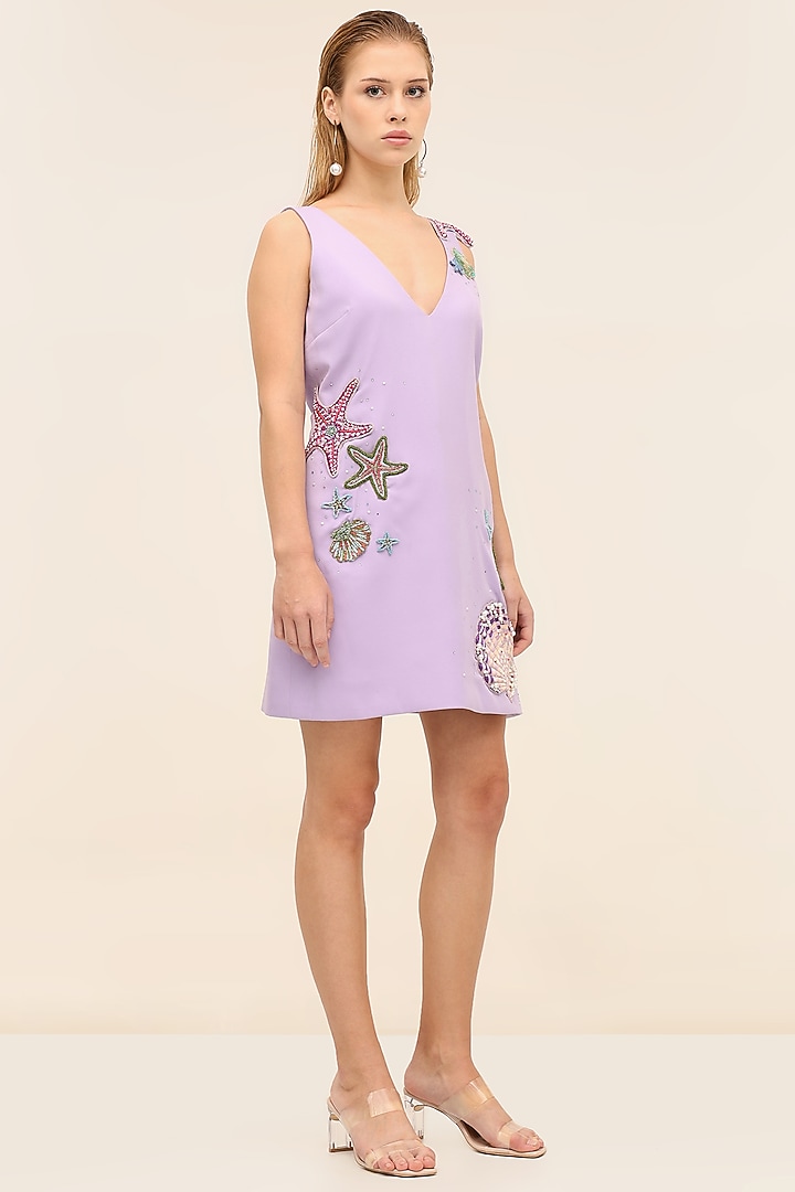 Amethyst Banana Crepe Hand-Beaded Mini Vacation Dress by TANGERINE at Pernia's Pop Up Shop