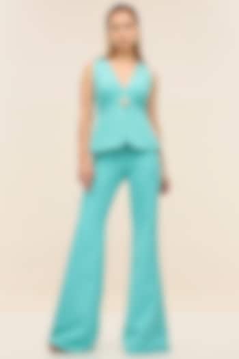 Turquoise Banana Crepe Tailored Wide-Leg Pants by TANGERINE at Pernia's Pop Up Shop