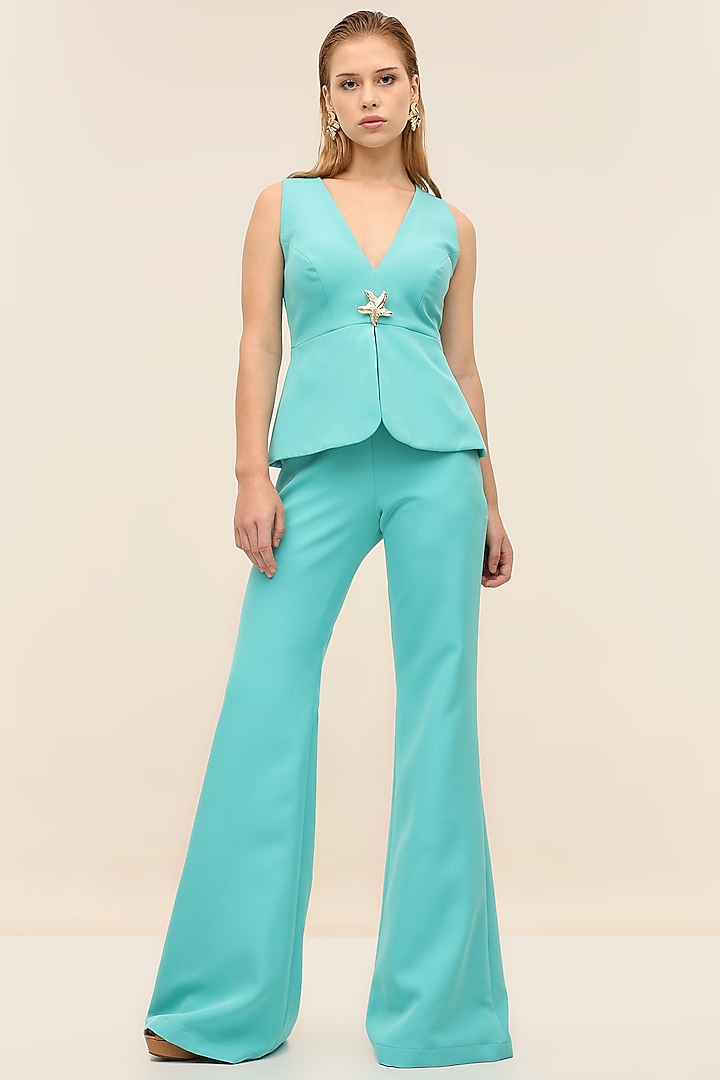 Turquoise Banana Crepe Tailored Wide-Leg Pants by TANGERINE at Pernia's Pop Up Shop