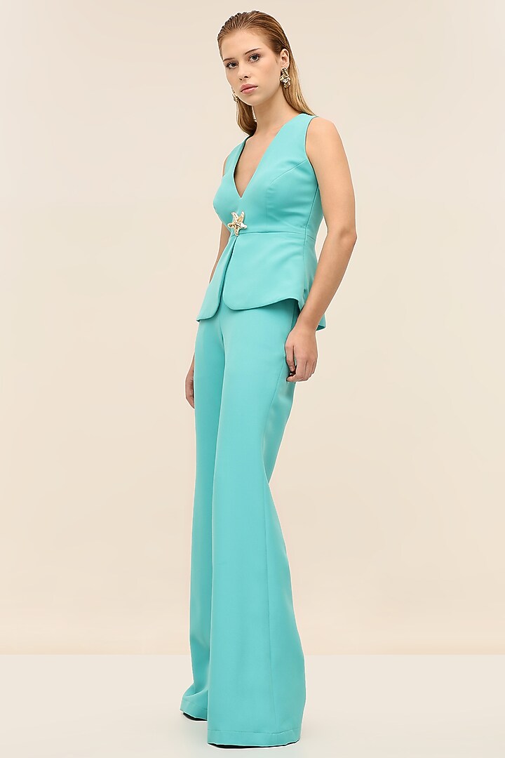 Turquoise Banana Crepe Tailored Wide-Leg Pants by TANGERINE at Pernia's Pop Up Shop