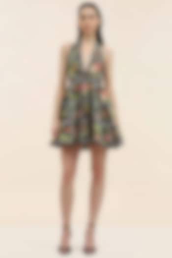 Midnight Black Poplin Floral Printed Mini Vacation Dress by TANGERINE at Pernia's Pop Up Shop