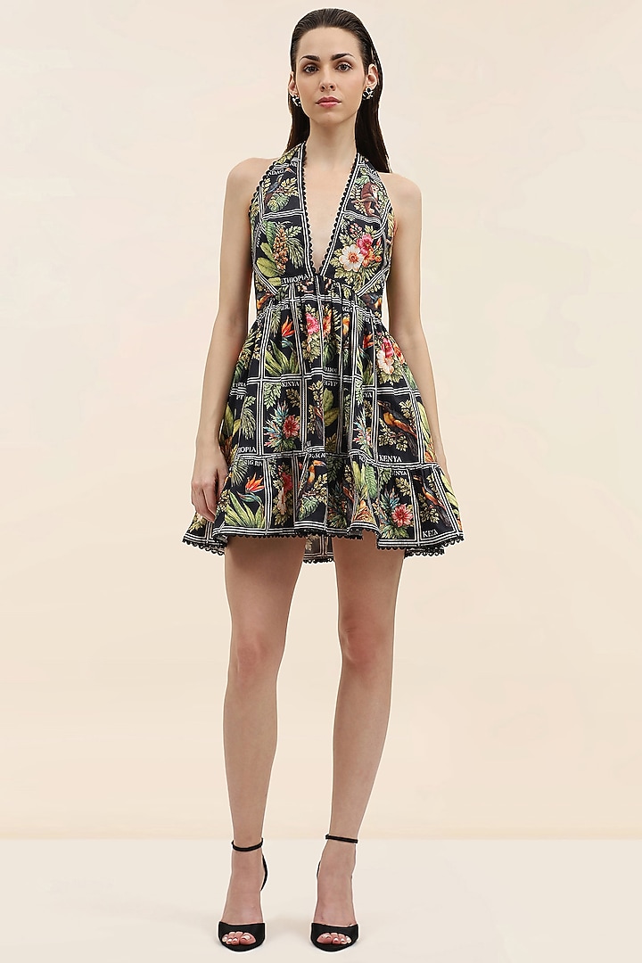 Midnight Black Poplin Floral Printed Mini Vacation Dress by TANGERINE at Pernia's Pop Up Shop