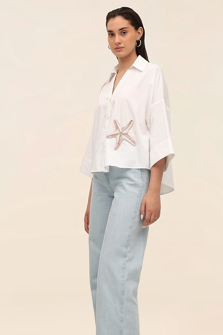 White Cotton Poplin Marine Patchwork Shirt by TANGERINE at Pernia's Pop Up Shop