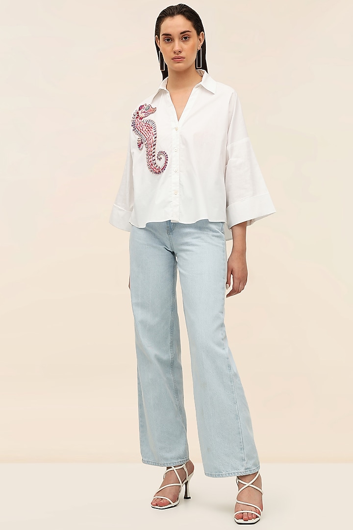 White Cotton Poplin Seahorse Patchwork Shirt by TANGERINE at Pernia's Pop Up Shop