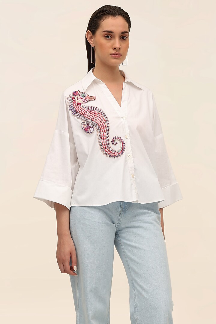 White Cotton Poplin Seahorse Patchwork Shirt by TANGERINE at Pernia's Pop Up Shop