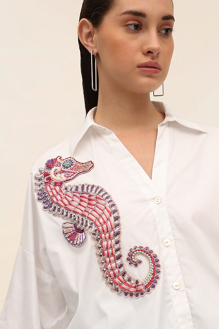 White Cotton Poplin Seahorse Patchwork Shirt by TANGERINE at Pernia's Pop Up Shop