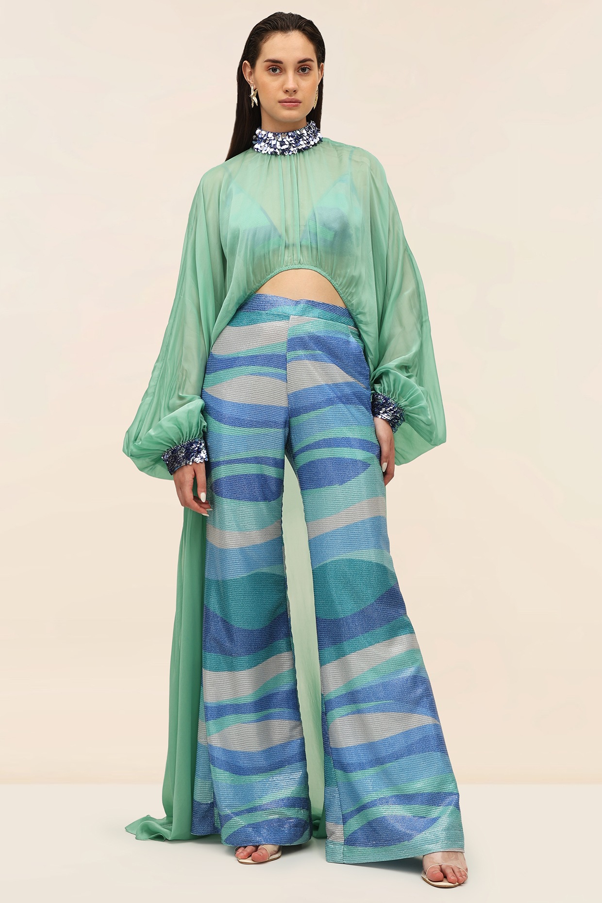 TANGERINE SeaFoam Blue Georgette Sequins Printed Co-Ord Set