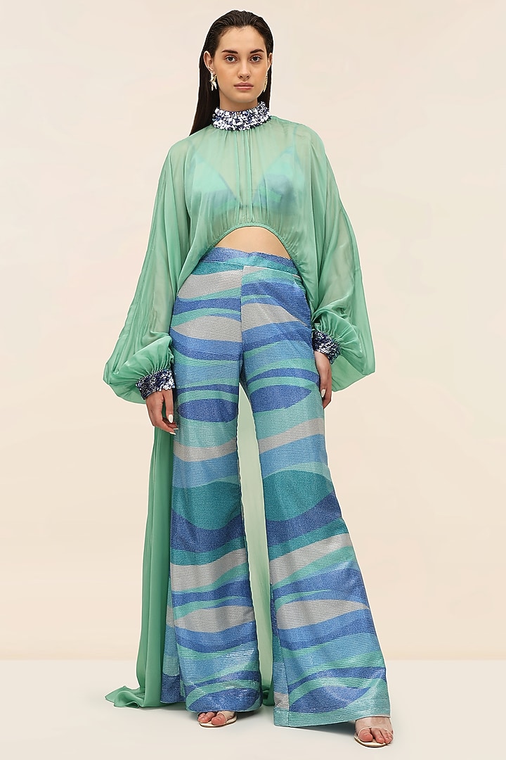 SeaFoam Blue Georgette Sequins Printed Co-Ord Set by TANGERINE at Pernia's Pop Up Shop
