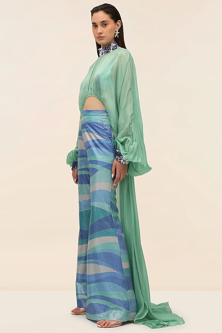 SeaFoam Blue Georgette Sequins Printed Co-Ord Set by TANGERINE at Pernia's Pop Up Shop