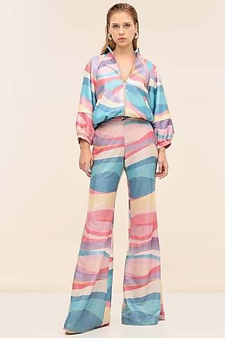 Multicoloured Georgette Sequins Printed Flared Pants by Taangerine Tiger