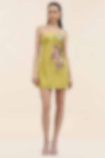 Pear Green Banana Crepe Hand Embroidered Mini Vacation Dress by Taangerine Tiger at Pernia's Pop Up Shop