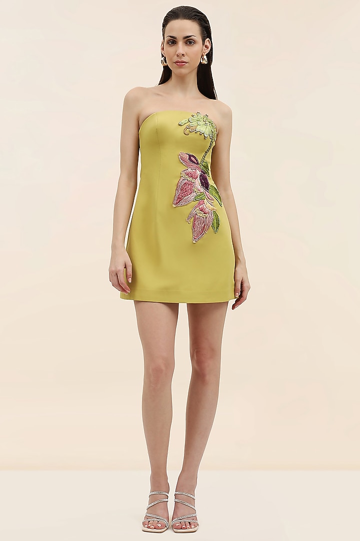 Pear Green Banana Crepe Hand Embroidered Mini Vacation Dress by Taangerine Tiger at Pernia's Pop Up Shop