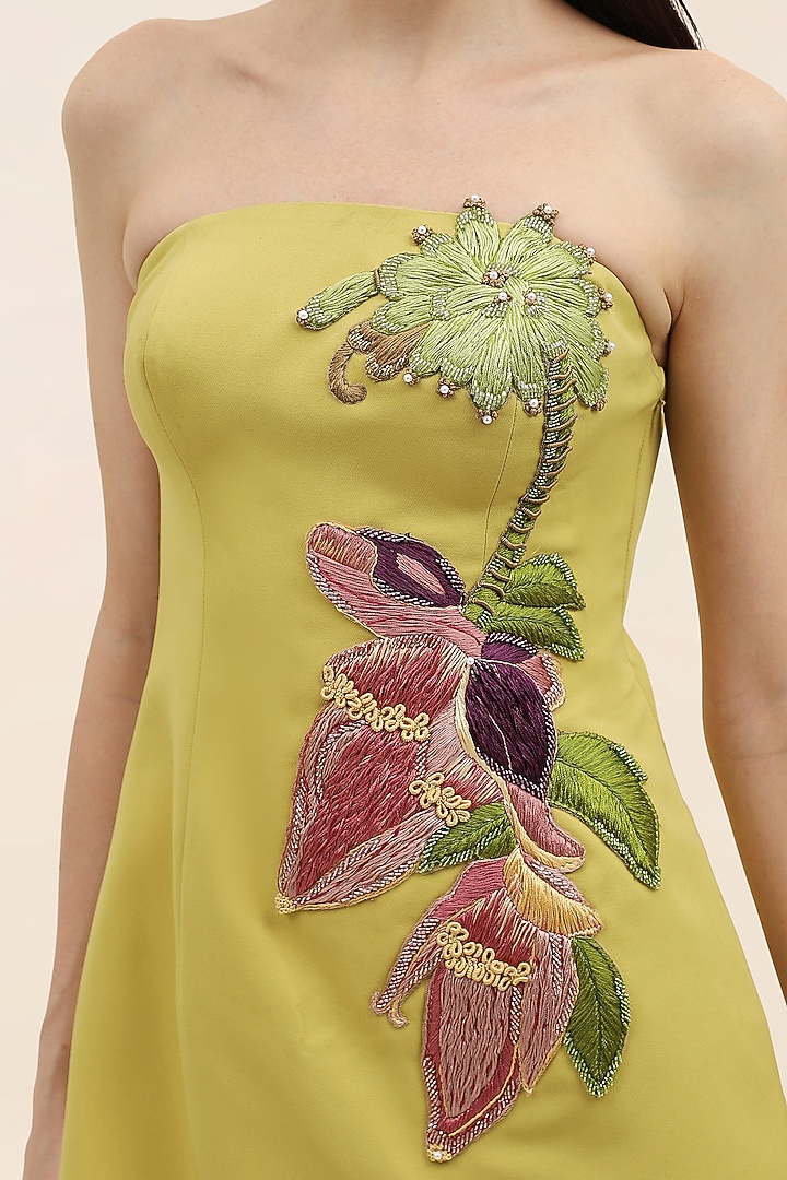 Pear Green Banana Crepe Hand Embroidered Mini Vacation Dress by Taangerine Tiger at Pernia's Pop Up Shop