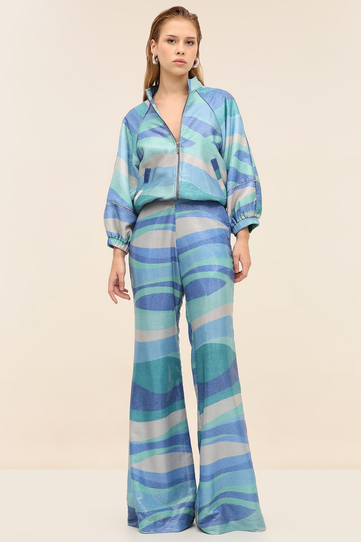 TANGERINE Seafoam Blue Georgette Sequins Printed Jacket