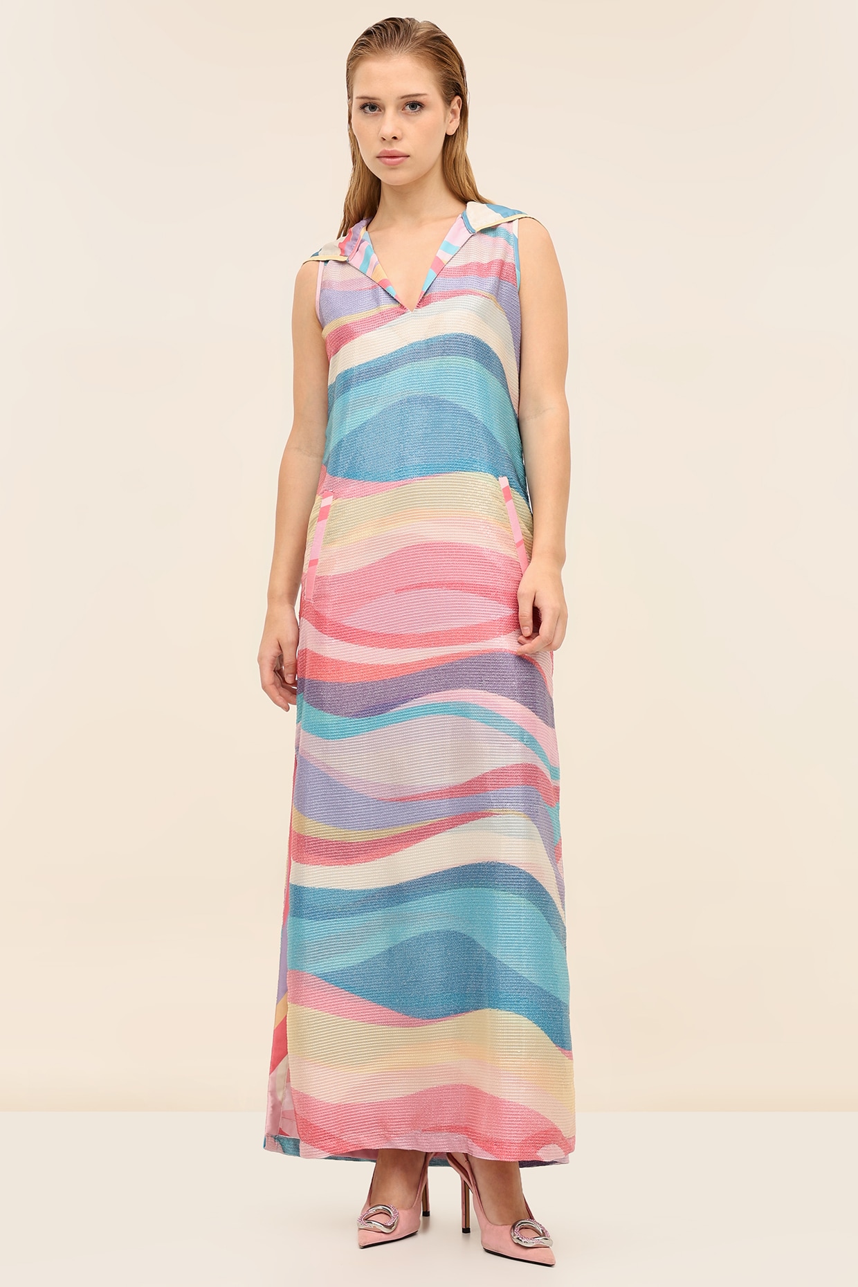 TANGERINE Multicoloured Georgette Sequins Printed Midi Dress