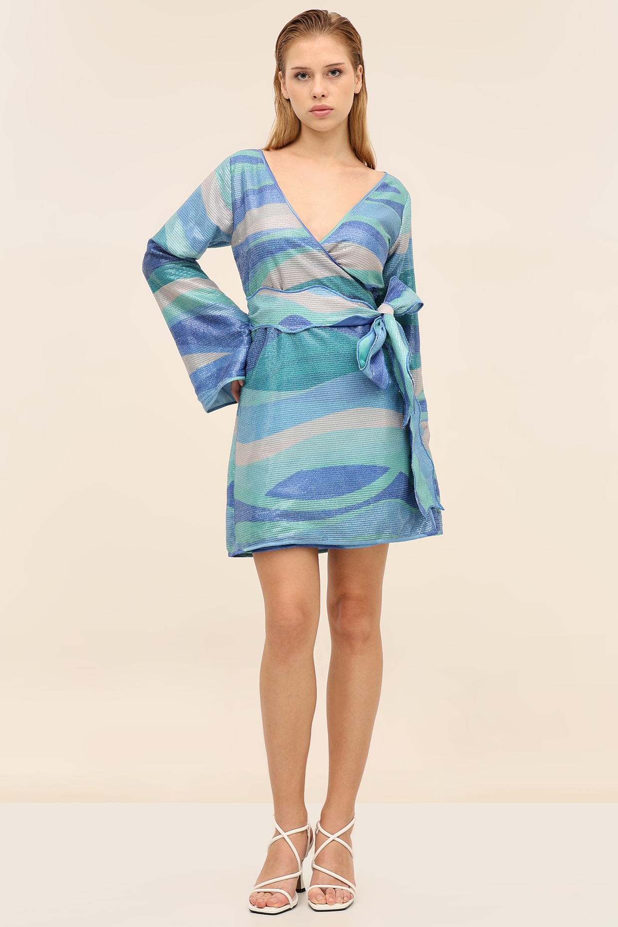 TANGERINE Seafoam Blue Georgette Sequins Printed Mini Dress