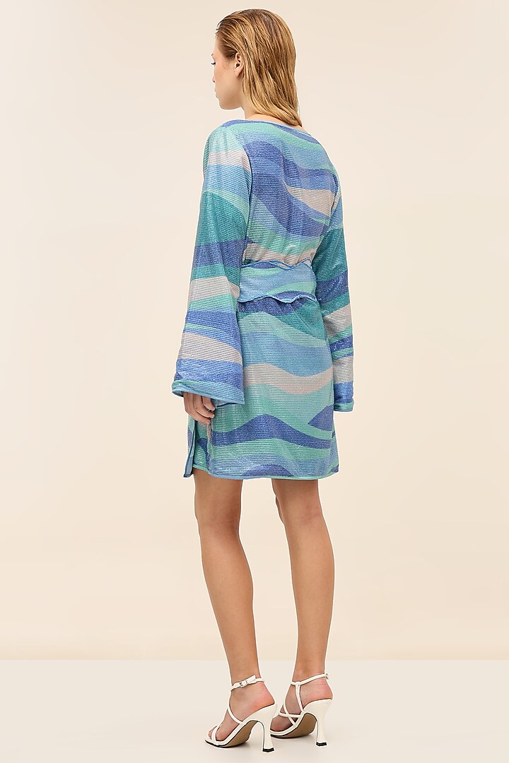 Seafoam Blue Georgette Sequins Printed Mini Vacation Dress by TANGERINE at Pernia's Pop Up Shop