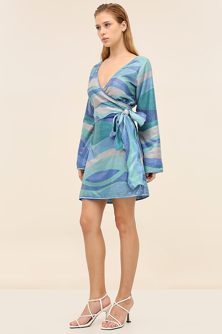 Seafoam Blue Georgette Sequins Printed Mini Vacation Dress by TANGERINE at Pernia's Pop Up Shop