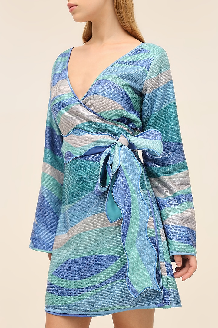 Seafoam Blue Georgette Sequins Printed Mini Vacation Dress by TANGERINE at Pernia's Pop Up Shop