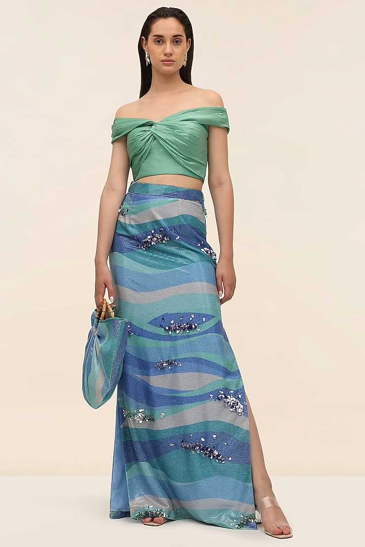 Seafoam Blue Georgette Sequins Embroidered Maxi Skirt by Taangerine Tiger at Pernia's Pop Up Shop