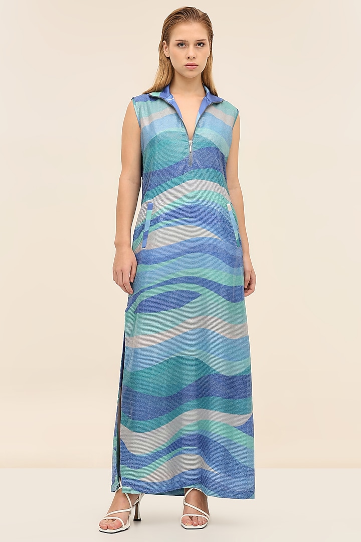 Seafoam Blue Georgette Sequins Printed Midi Vacation Dress by TANGERINE at Pernia's Pop Up Shop