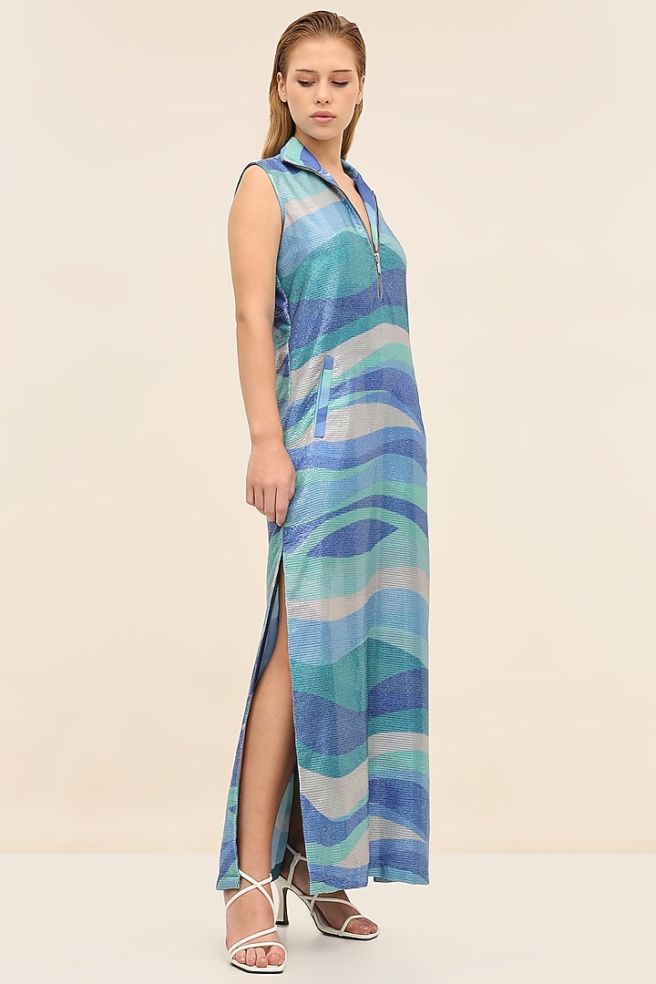 Seafoam Blue Georgette Sequins Printed Midi Vacation Dress by TANGERINE at Pernia's Pop Up Shop