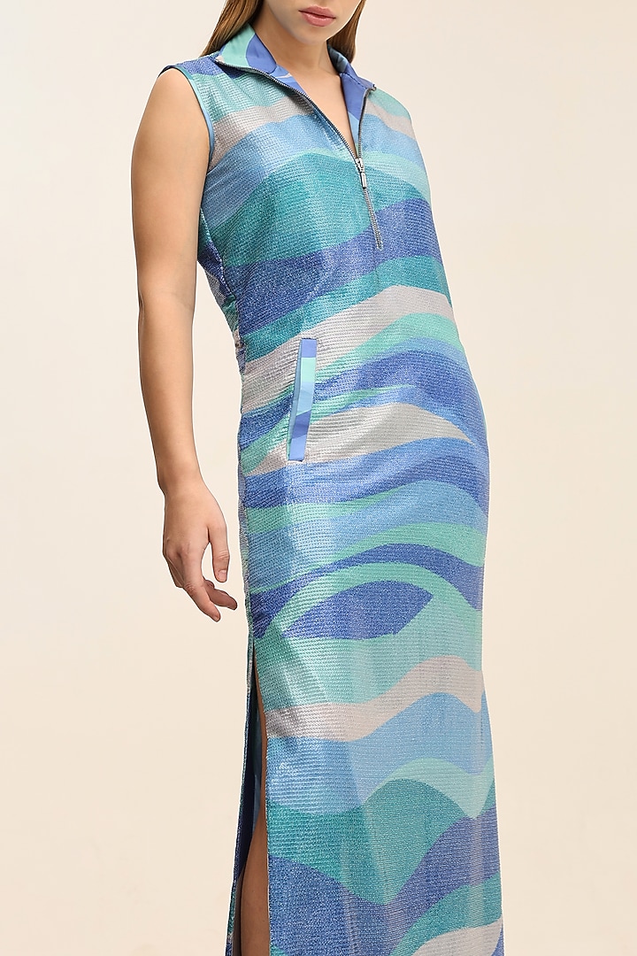 Seafoam Blue Georgette Sequins Printed Midi Vacation Dress by TANGERINE at Pernia's Pop Up Shop