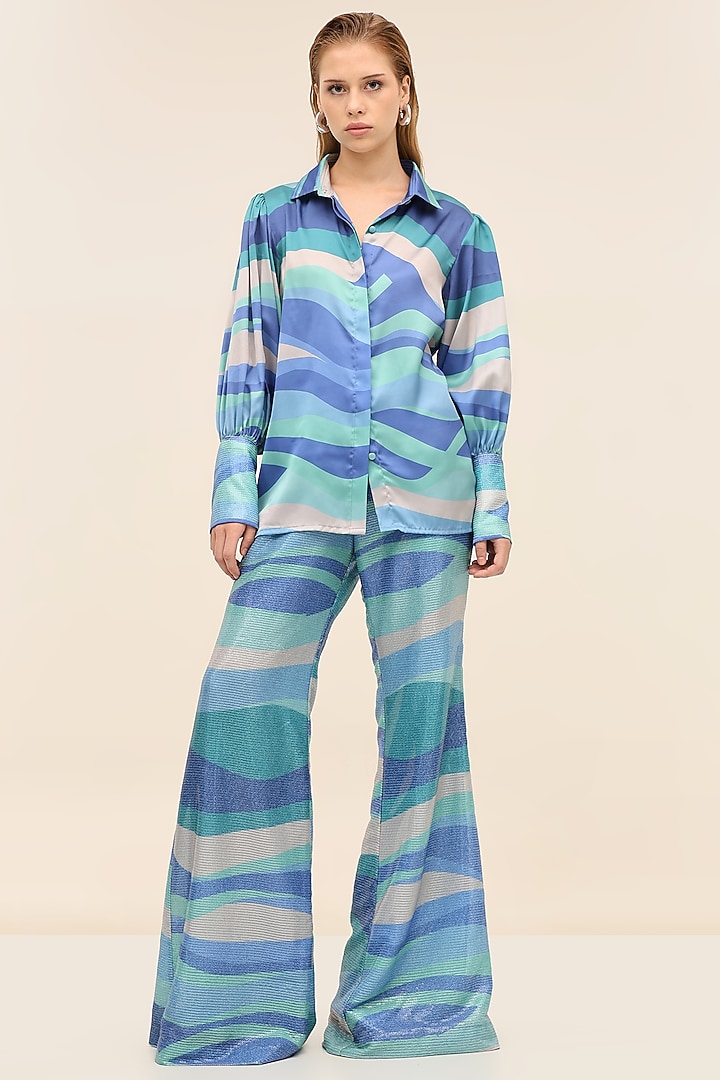 Seafoam Blue Satin Printed Shirt by TANGERINE at Pernia's Pop Up Shop