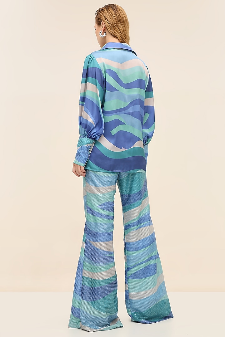 Seafoam Blue Satin Printed Shirt by TANGERINE at Pernia's Pop Up Shop