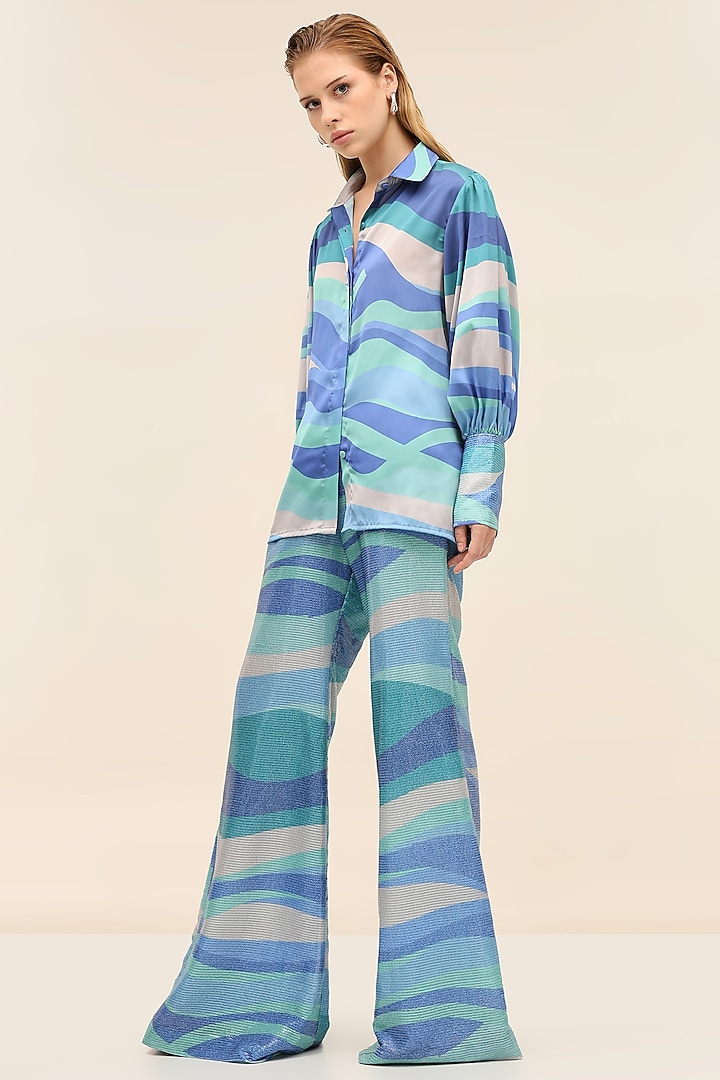 Seafoam Blue Satin Printed Shirt by TANGERINE at Pernia's Pop Up Shop