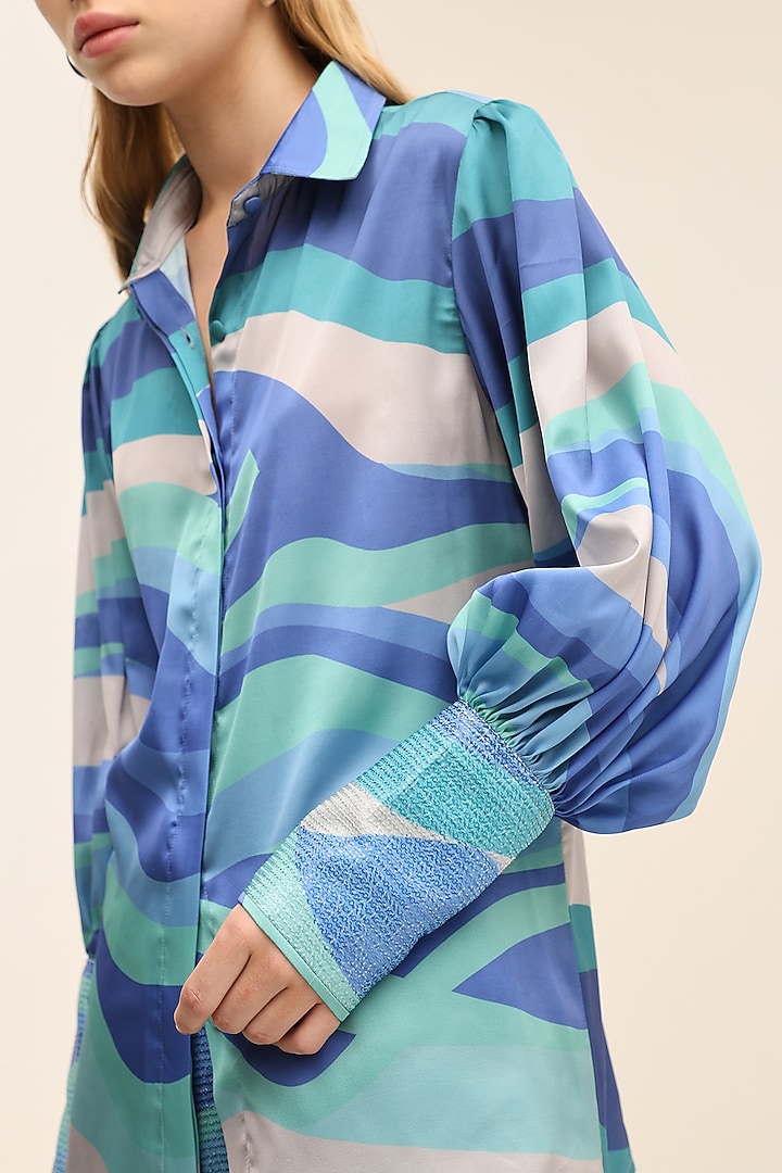 Seafoam Blue Satin Printed Shirt by TANGERINE at Pernia's Pop Up Shop