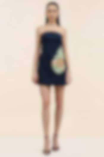 Marine Blue Banana Crepe Hand Embroidered Mini Vacation Dress by Taangerine Tiger at Pernia's Pop Up Shop