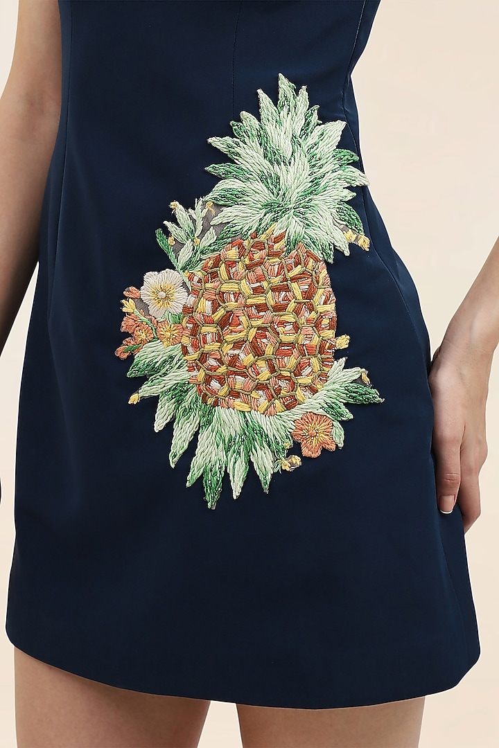 Marine Blue Banana Crepe Hand Embroidered Mini Vacation Dress by Taangerine Tiger at Pernia's Pop Up Shop