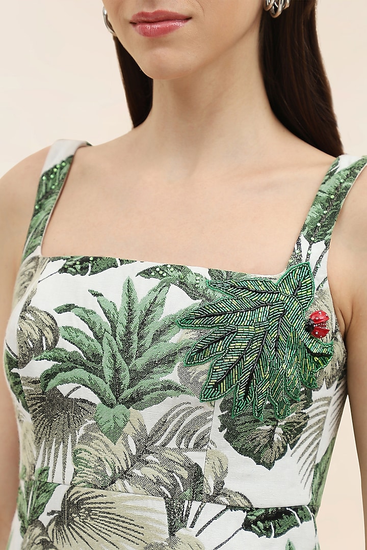 Eucalyptus Green Jacquard Tropical Print Mini Vacation Dress by TANGERINE at Pernia's Pop Up Shop