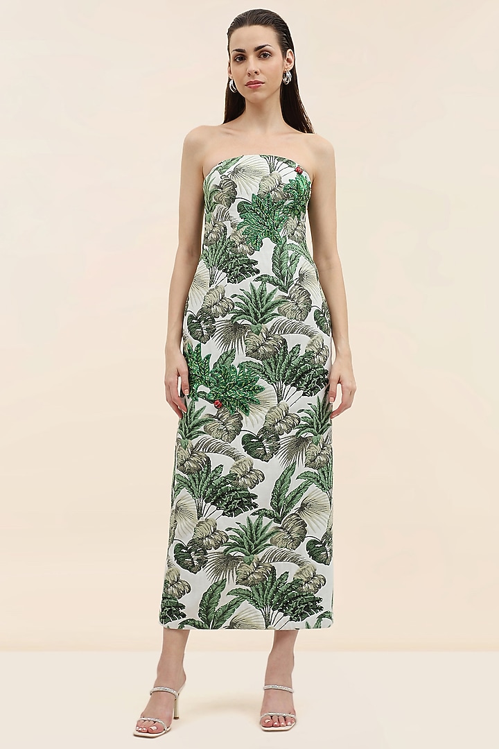 Multi-Coloured Jacquard Botanical Midi Vacation Dress by TANGERINE at Pernia's Pop Up Shop