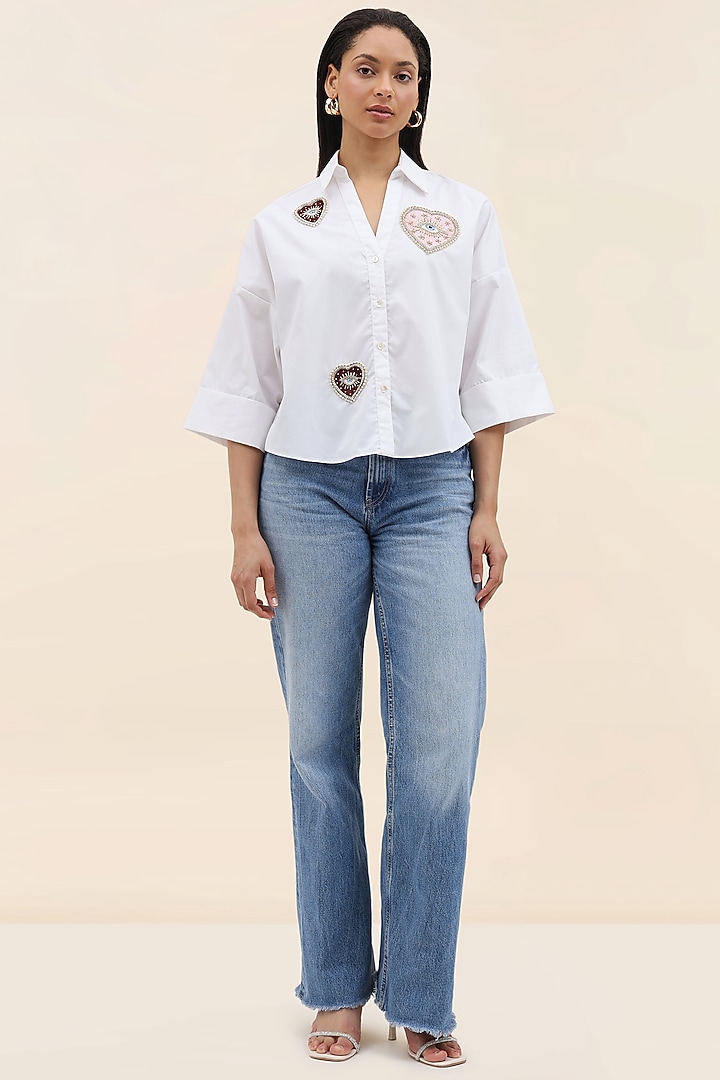 White Cotton Hand Embroidered Hearts Shirt by TANGERINE at Pernia's Pop Up Shop