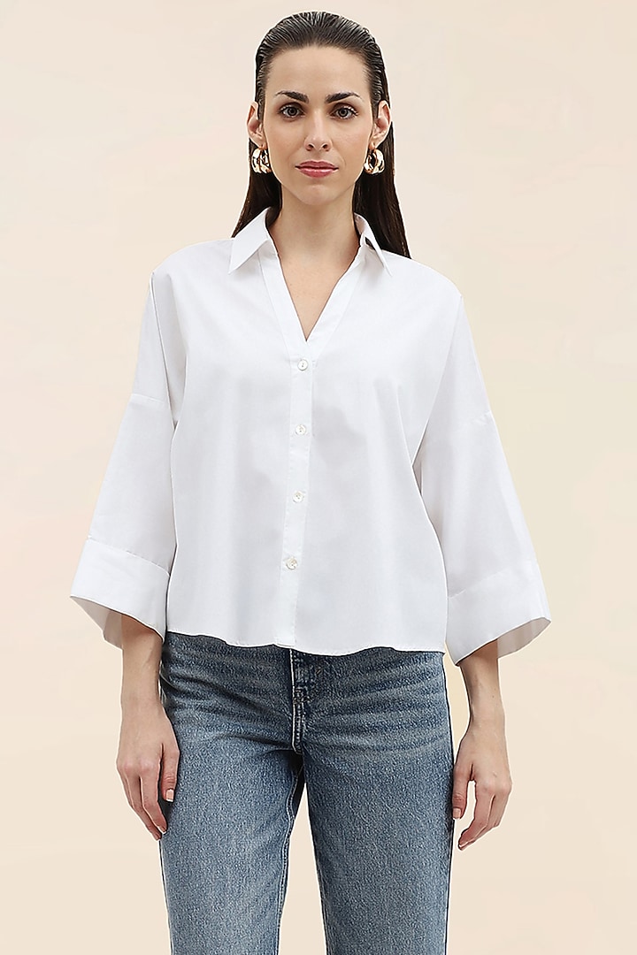 White Cotton Poplin Hand Embroidered Daisy Shirt by TANGERINE at Pernia's Pop Up Shop