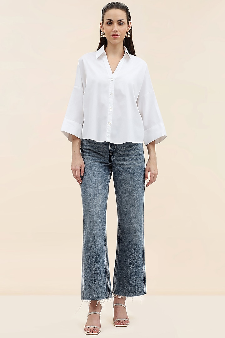 White Cotton Poplin Hand Embroidered Botanical Shirt by TANGERINE at Pernia's Pop Up Shop