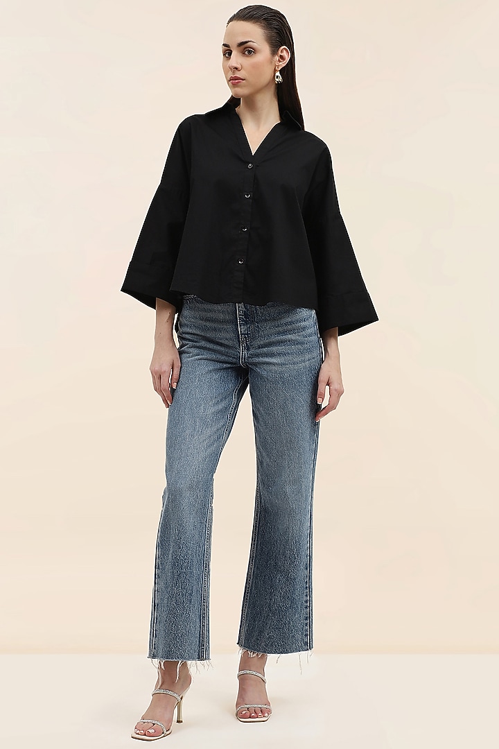 Black Cotton Poplin Hand Embroidered Botanical Shirt by TANGERINE at Pernia's Pop Up Shop