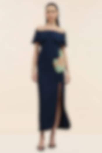 Midnight Blue Banana Crepe Hand Embroidered Midi Vacation Dress by TANGERINE at Pernia's Pop Up Shop