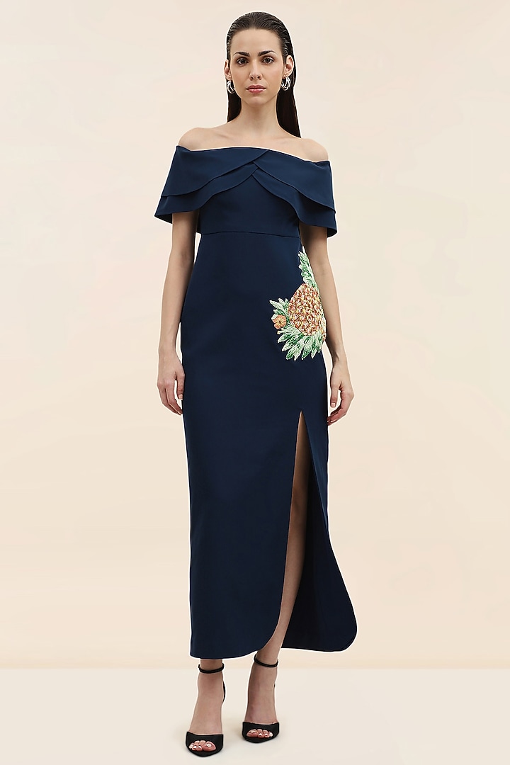 Midnight Blue Banana Crepe Hand Embroidered Midi Vacation Dress by TANGERINE at Pernia's Pop Up Shop