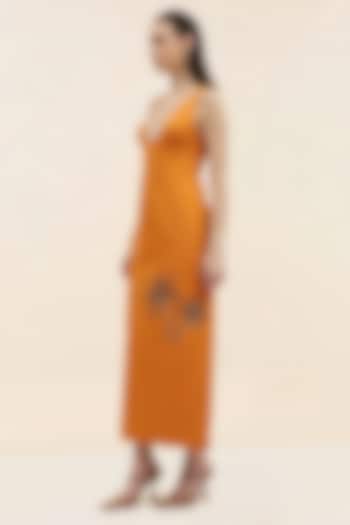 Orange Palm Embroidered Banana Crepe Midi Vacation Dress by Taangerine Tiger at Pernia's Pop Up Shop