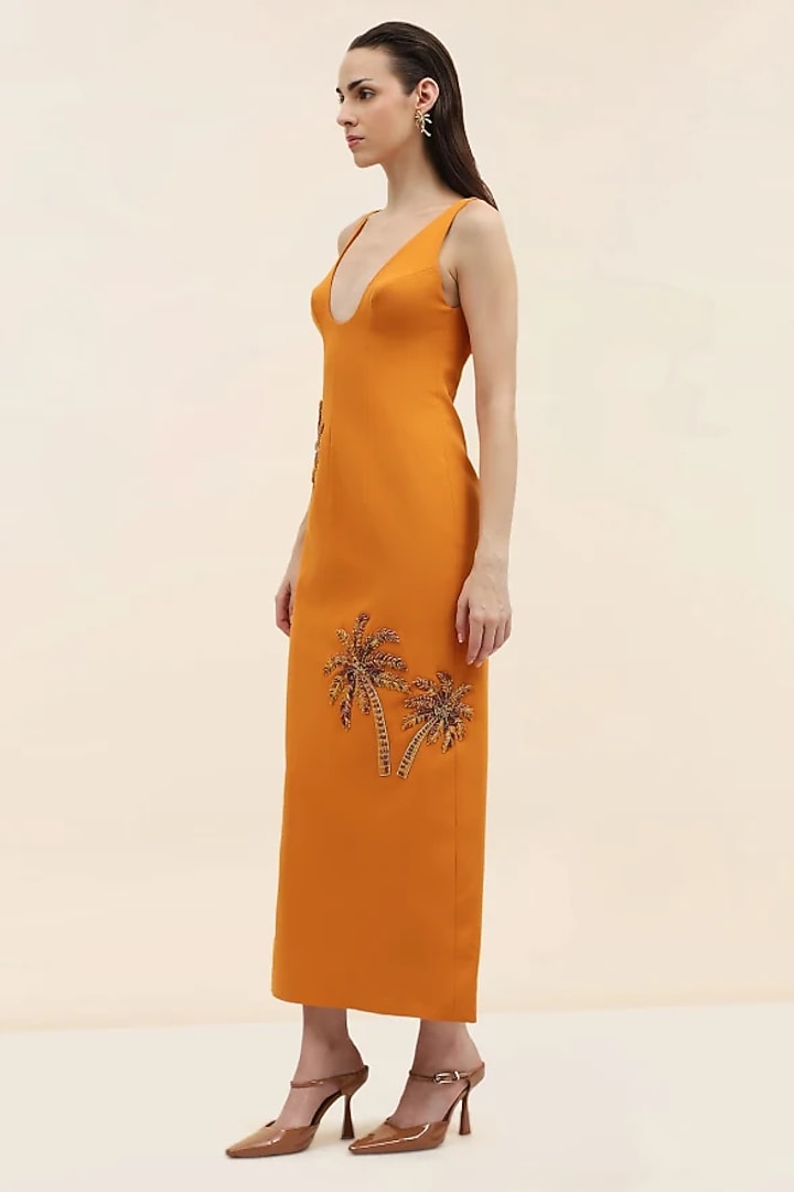 Orange Palm Embroidered Banana Crepe Midi Vacation Dress by Taangerine Tiger at Pernia's Pop Up Shop