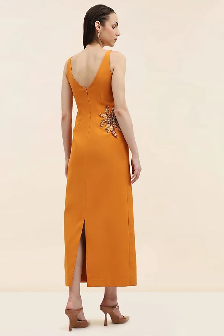 Orange Palm Embroidered Banana Crepe Midi Vacation Dress by Taangerine Tiger at Pernia's Pop Up Shop
