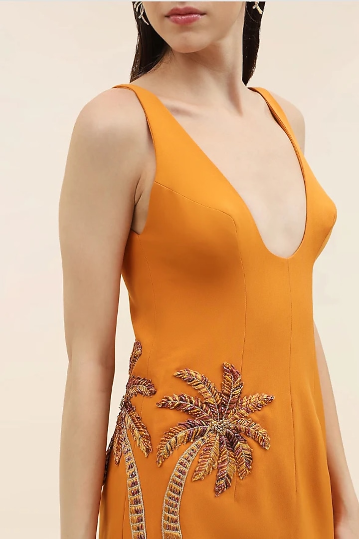 Orange Palm Embroidered Banana Crepe Midi Vacation Dress by Taangerine Tiger at Pernia's Pop Up Shop