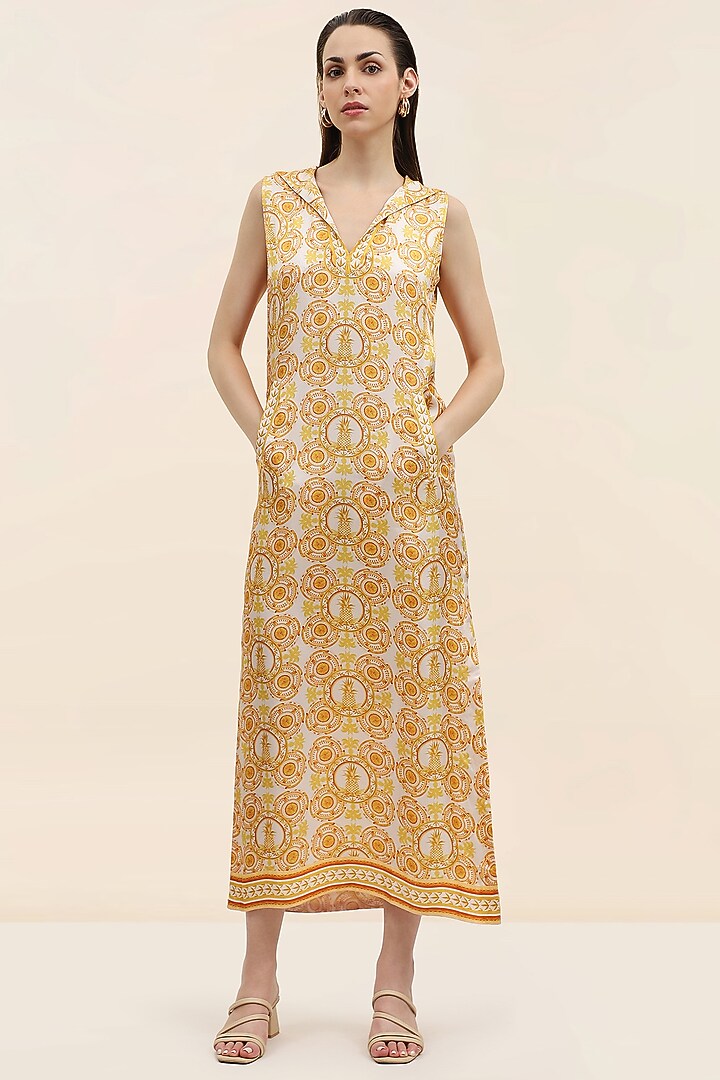 Yellow Twill Printed Midi Vacation Dress by TANGERINE  at Pernia's Pop Up Shop